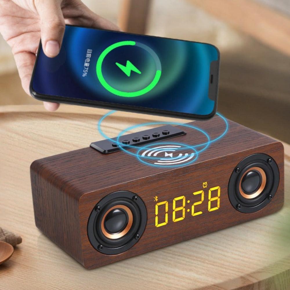 Wooden Retro Theme Wireless Charger Bluetooth Speaker Alarm Clock - VirtuousWares:Global