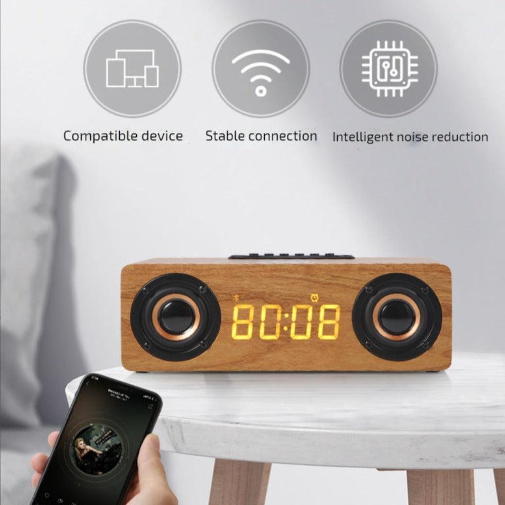 Wooden Retro Theme Wireless Charger Bluetooth Speaker Alarm Clock - VirtuousWares:Global