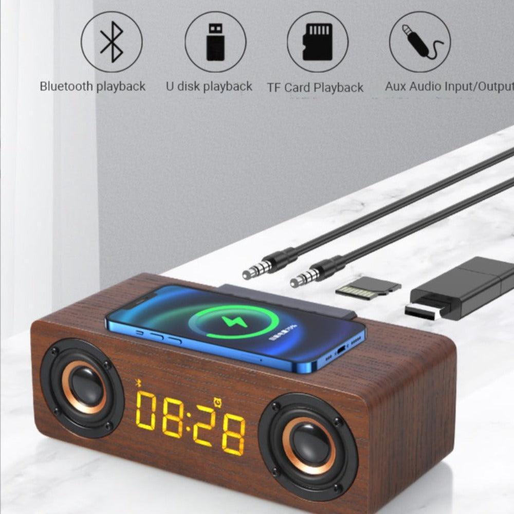 Wooden Retro Theme Wireless Charger Bluetooth Speaker Alarm Clock - VirtuousWares:Global