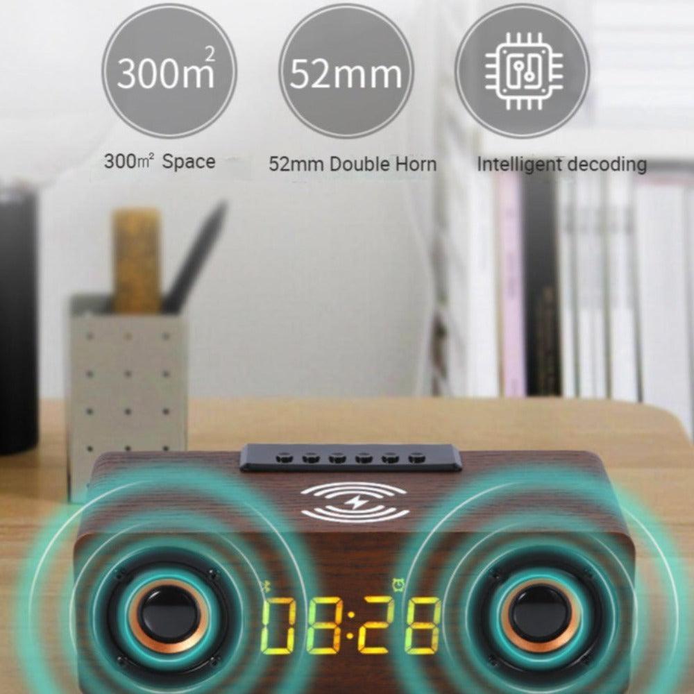 Wooden Retro Theme Wireless Charger Bluetooth Speaker Alarm Clock - VirtuousWares:Global
