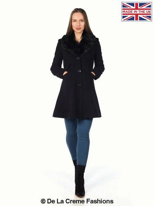 Wool Blend Faux Fur Collar Midi Coat - VirtuousWares:Global