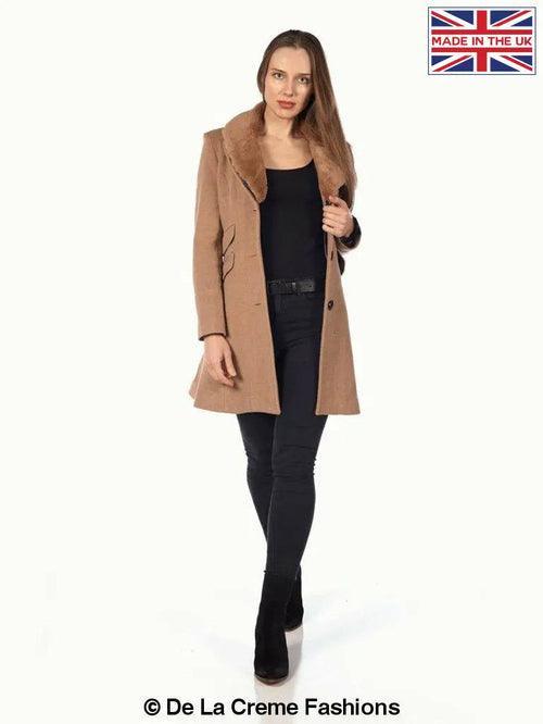 Wool Blend Faux Fur Collar Midi Coat - VirtuousWares:Global