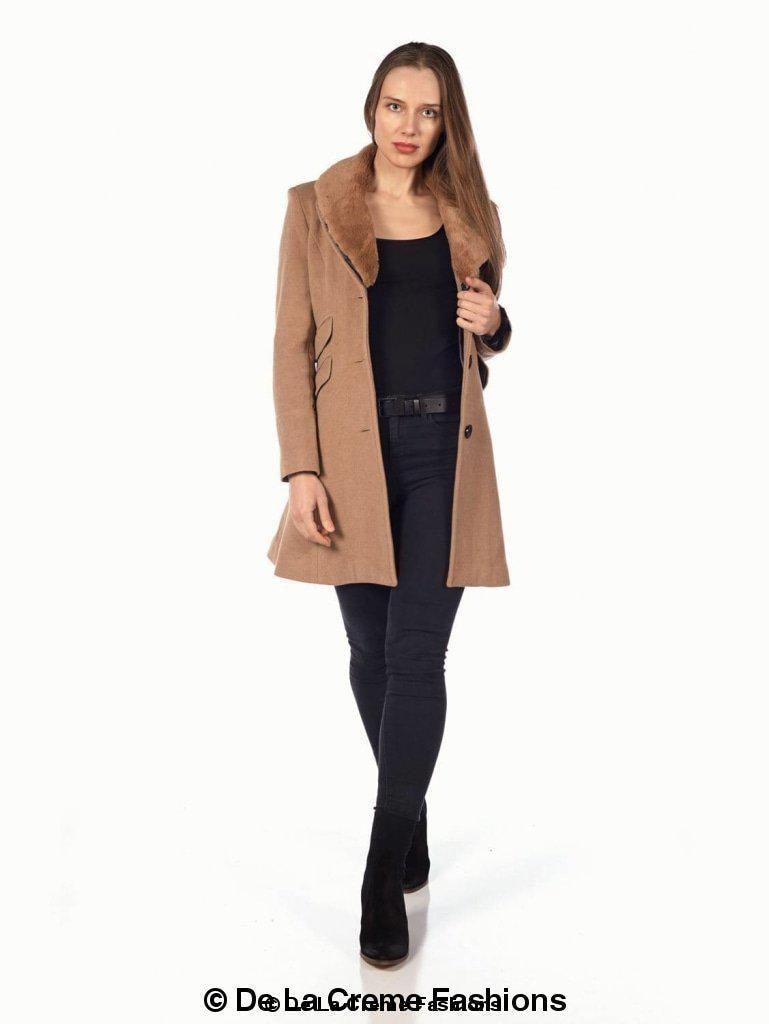 Wool Blend Faux Fur Collar Midi Coat - VirtuousWares:Global