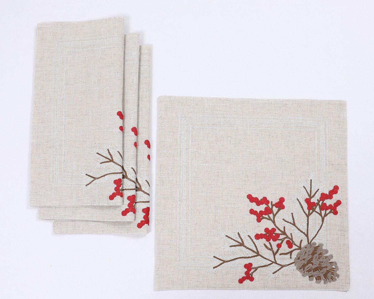 XD19811-Christmas Pine Cone Crewel Embroidered Placemats 16 by 16-Inch - VirtuousWares:Global