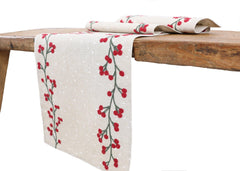 XD19816-Holly Berry Branch Crewel Embroidered Christmas Table Runner - VirtuousWares:Global