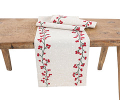 XD19816-Holly Berry Branch Crewel Embroidered Christmas Table Runner - VirtuousWares:Global