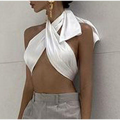 Y2K Halter Bandage Top Women Satin Crop Tops - VirtuousWares:Global