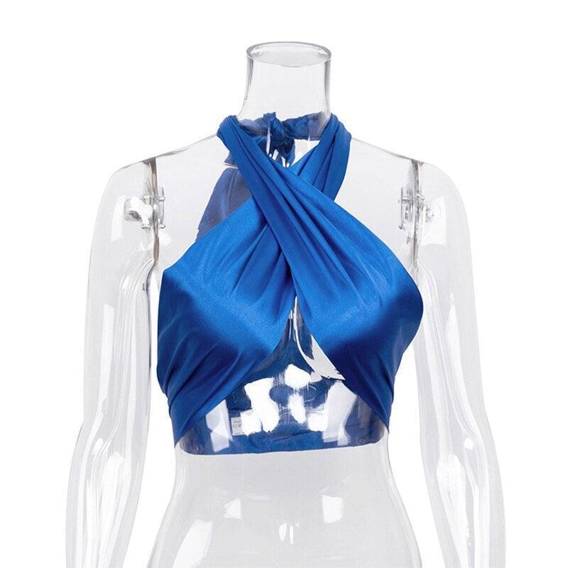 Y2K Halter Bandage Top Women Satin Crop Tops - VirtuousWares:Global