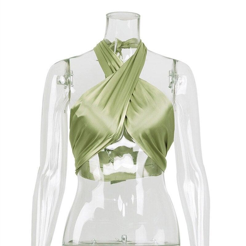 Y2K Halter Bandage Top Women Satin Crop Tops - VirtuousWares:Global