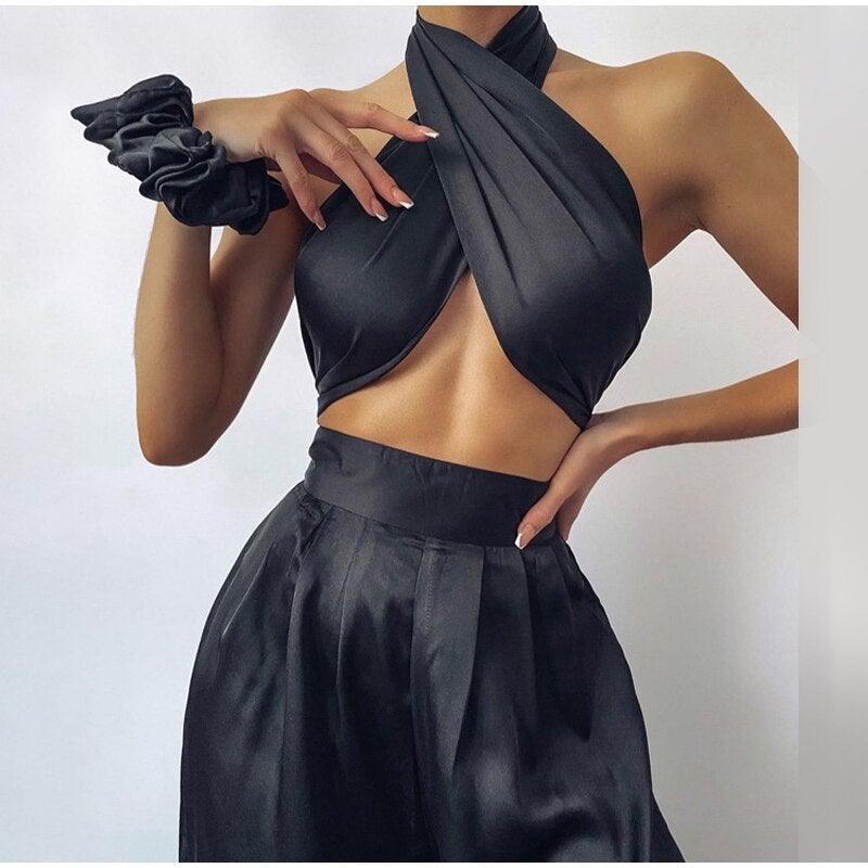 Y2K Halter Bandage Top Women Satin Crop Tops - VirtuousWares:Global