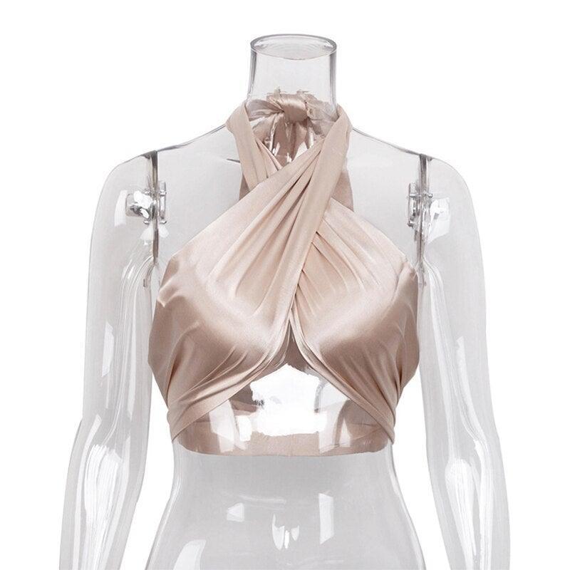 Y2K Halter Bandage Top Women Satin Crop Tops - VirtuousWares:Global