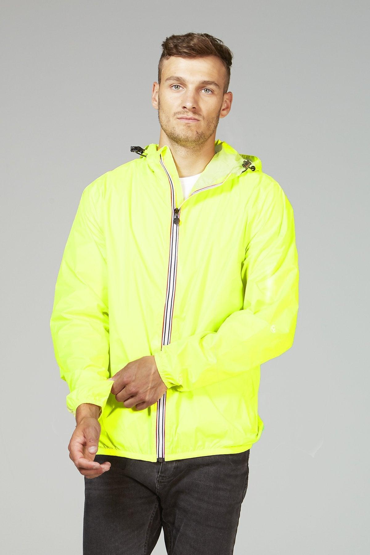 Yellow fluo full zip packable rain jacket and windbreaker - VirtuousWares:Global