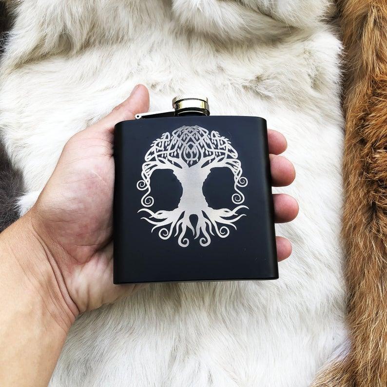 Yggdrasil World Tree Mat Black Flask 8oz Stainless Steel. Norse Nordic - VirtuousWares:Global