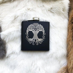 Yggdrasil World Tree Mat Black Flask 8oz Stainless Steel. Norse Nordic - VirtuousWares:Global