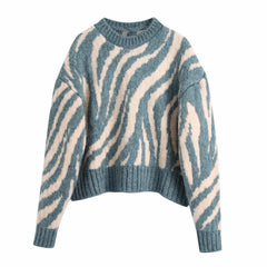 Zebra Printed Green Casual Oversize Basic Sweater - VirtuousWares:Global